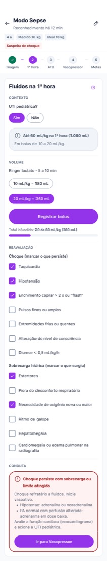 Como ficou · Depois de 1 bolus · conduta choque refratário
